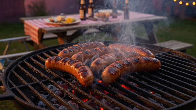 Bratwurst sausages grilling on charcoal grill - Stittsworth Meats Bemidji MN
