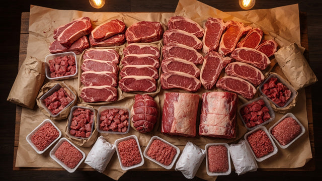 The 1/8 of Beef bundle - massive beef share with sirloin steaks, NY strip steaks, T-bone steaks, rib eye steaks, beef roasts, stew meat, and ground beef on butcher paper