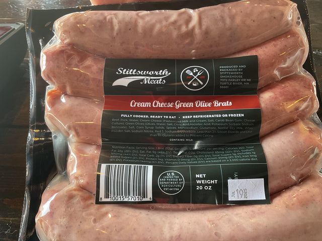 Cream Cheese Green Olive Brats | Sausage & Brats | Stittsworth Meats