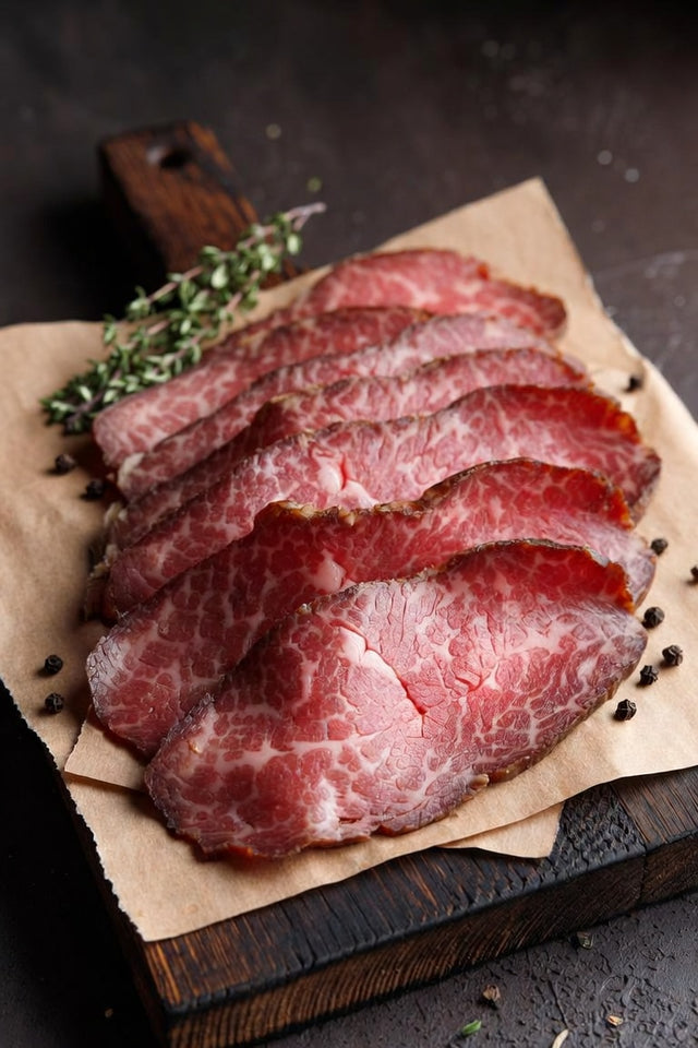 Sliced cured dried beef on butcher paper — Stittsworth Meats, Bemidji MN