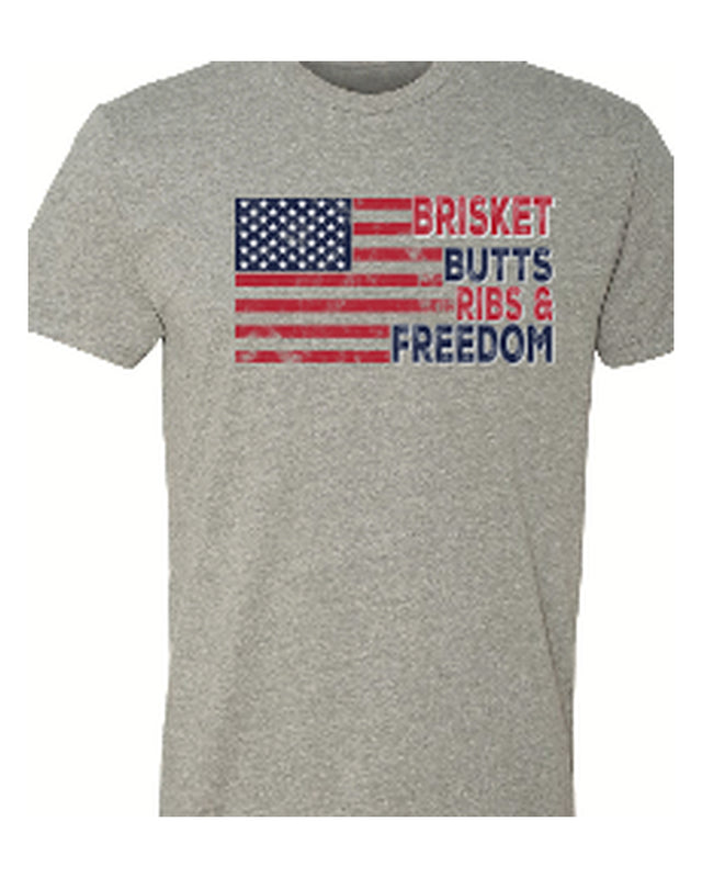 Brisket, Butts, Ribs & Freedom flag t-shirt — Heather Grey