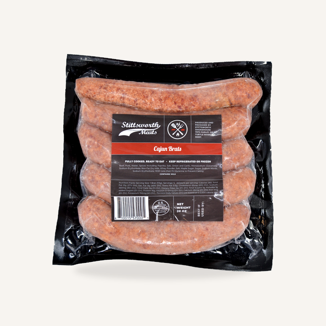 Stittsworth Cajun Brats 20oz pack on cream background