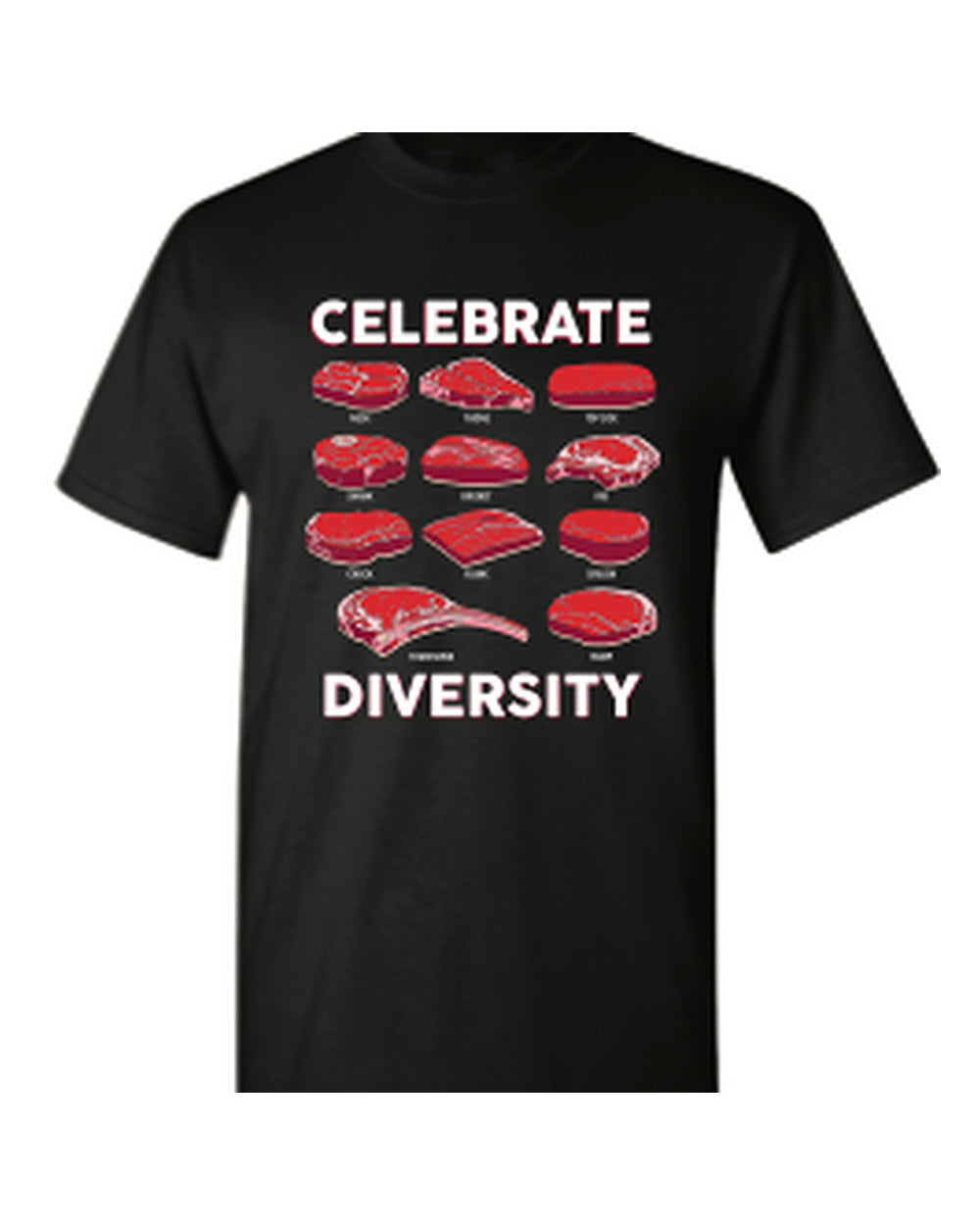 Celebrate Diversity meat cuts t-shirt — black, Stittsworth Meats apparel