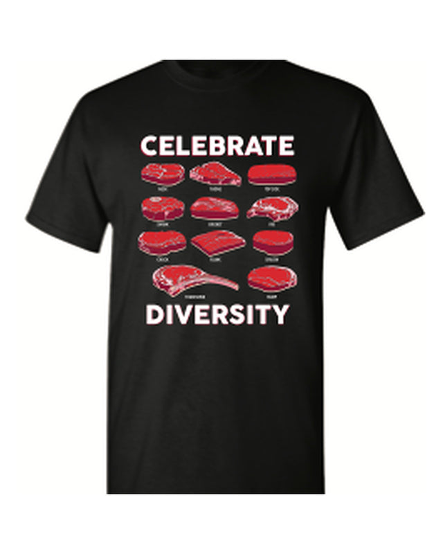 Celebrate Diversity meat cuts t-shirt — black, Stittsworth Meats apparel
