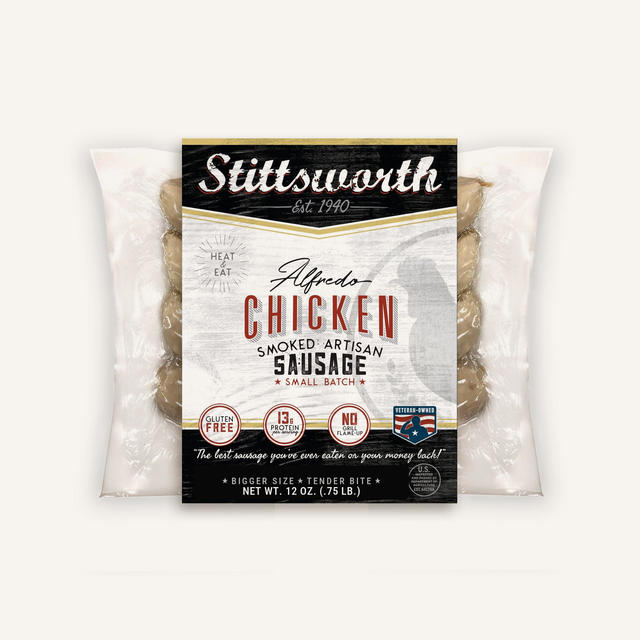 Chicken Alfredo Brats 12 oz pack on cream background