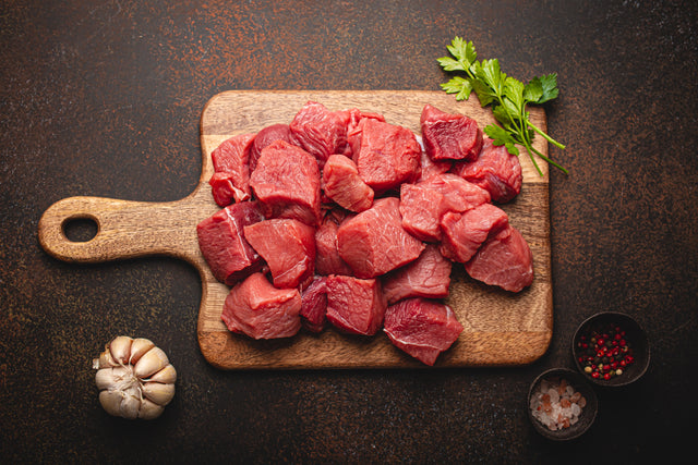 Fresh raw beef kabob meat — hand-cut cubes for grilling, from the Stittsworth Meats counter in Bemidji, MN