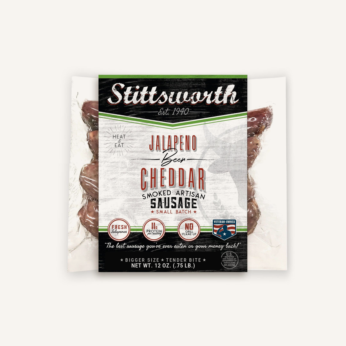 Jalapeño Beer Cheddar Brats 12 oz pack on cream background