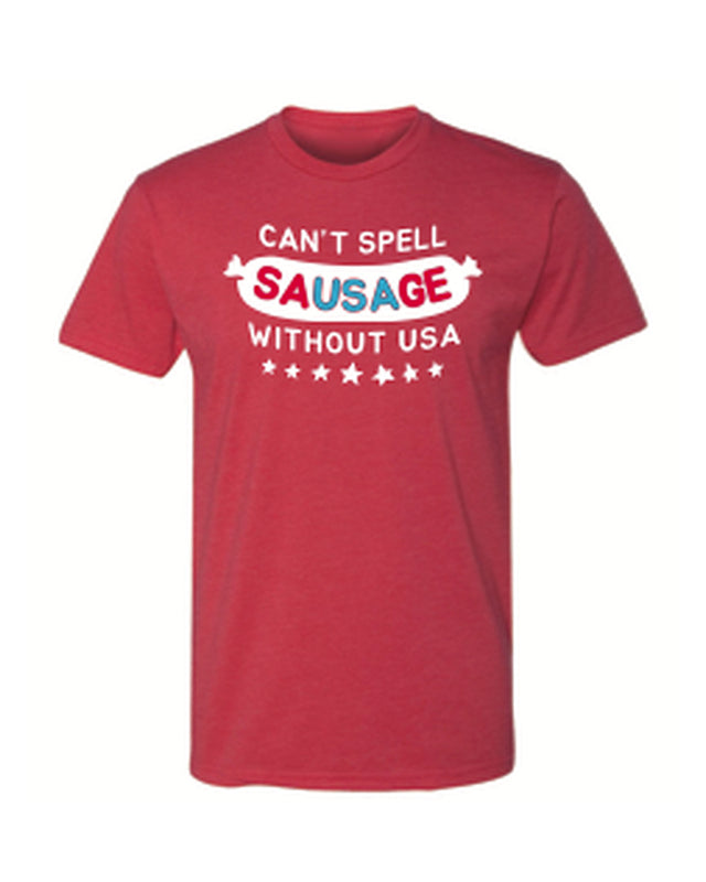 Can't Spell Sausage Without USA t-shirt — vintage red, Stittsworth Meats apparel