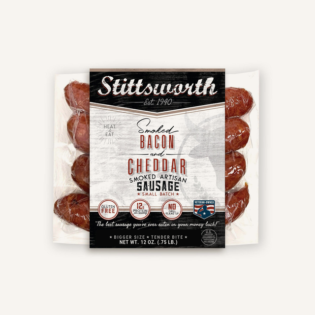 Smoked Bacon & Cheddar Brats 12 oz pack on cream background