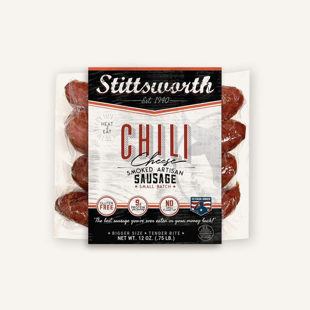 Smoked Chili Cheese Brats 12 oz pack on cream background