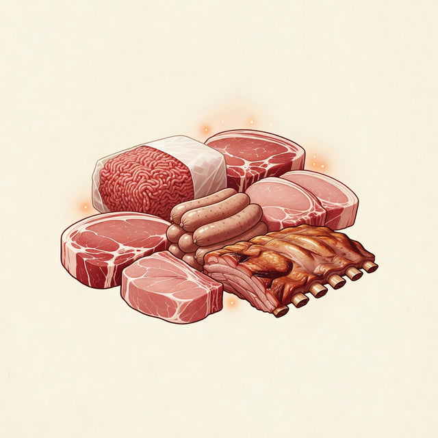 The Weeknight Quickie | Smokehouse Club — illustrated bundle of ground beef, pork chops, sausages, and ribs