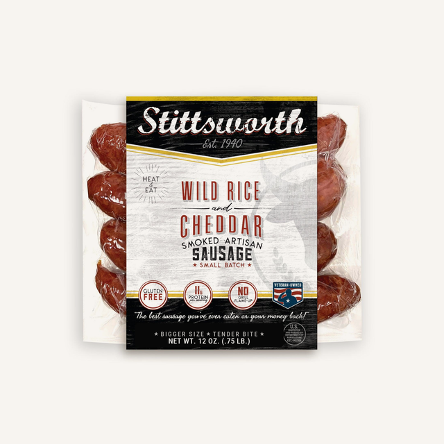 Wild Rice & Cheddar Brats 12 oz pack on cream background